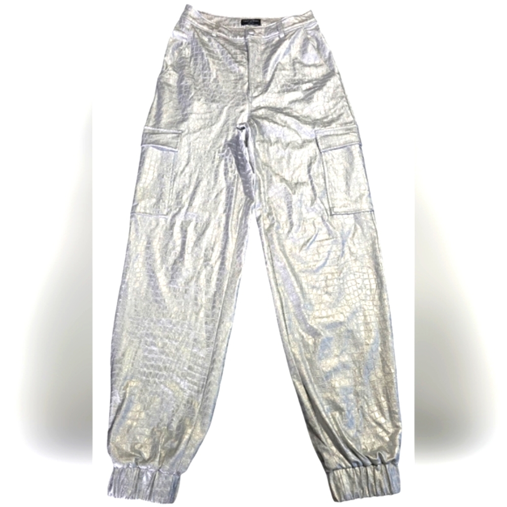 Naked Wardrobe Metallic Silver Croc-Embossed Pants